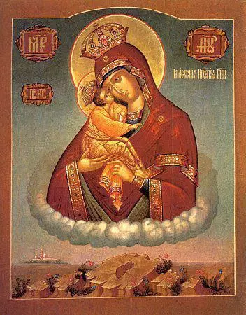 Икона Почаевской Богоматери с отпечатком стопы