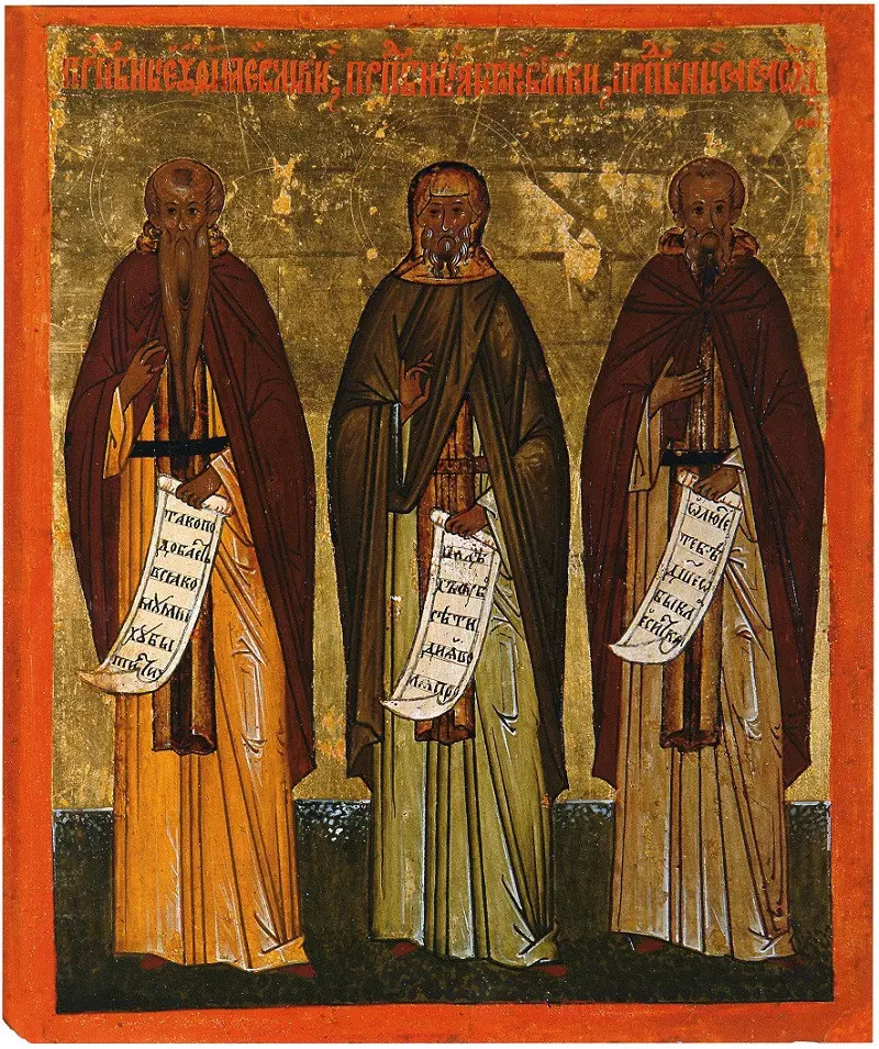 Преподобные Евфимий Великий, Антоний Великий и Савва Освященный. Двусторонняя икона 