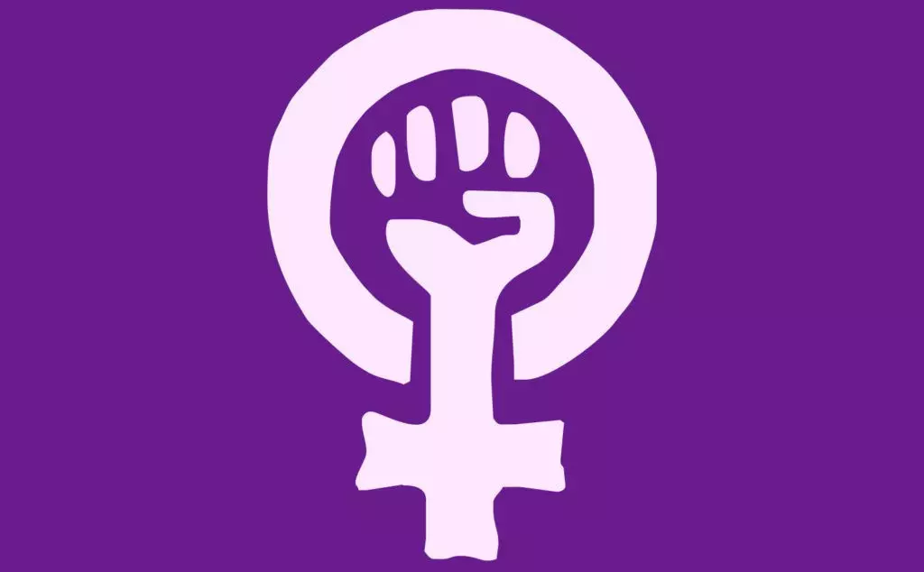 Символ феминизма: сжатый кулак – борьба, зеркало Венеры – символ женщины, традиционный фиолетовый цвет
