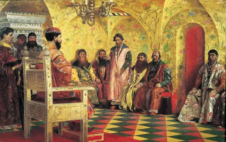 Борис Годунов восседает на царском троне.