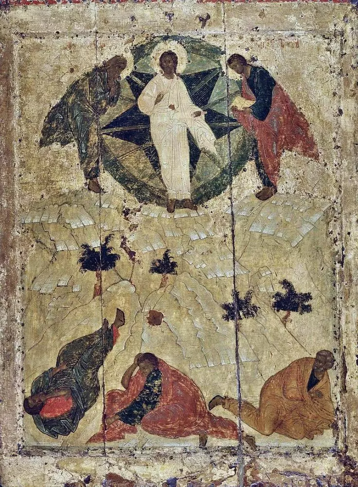 Преображение Господне (икона Андрея Рублева, 1405 год). Учение святого Симеона Нового Богослова привело к спору о Фаворском свете (Паламитский и Враламитский спор).