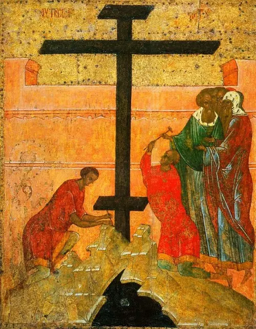 Подтверждение креста (перед распятием Христа). Около 1497 (?), Ростовское училище (?) от Успенского собора до Кирилло-Белозерского монастыря