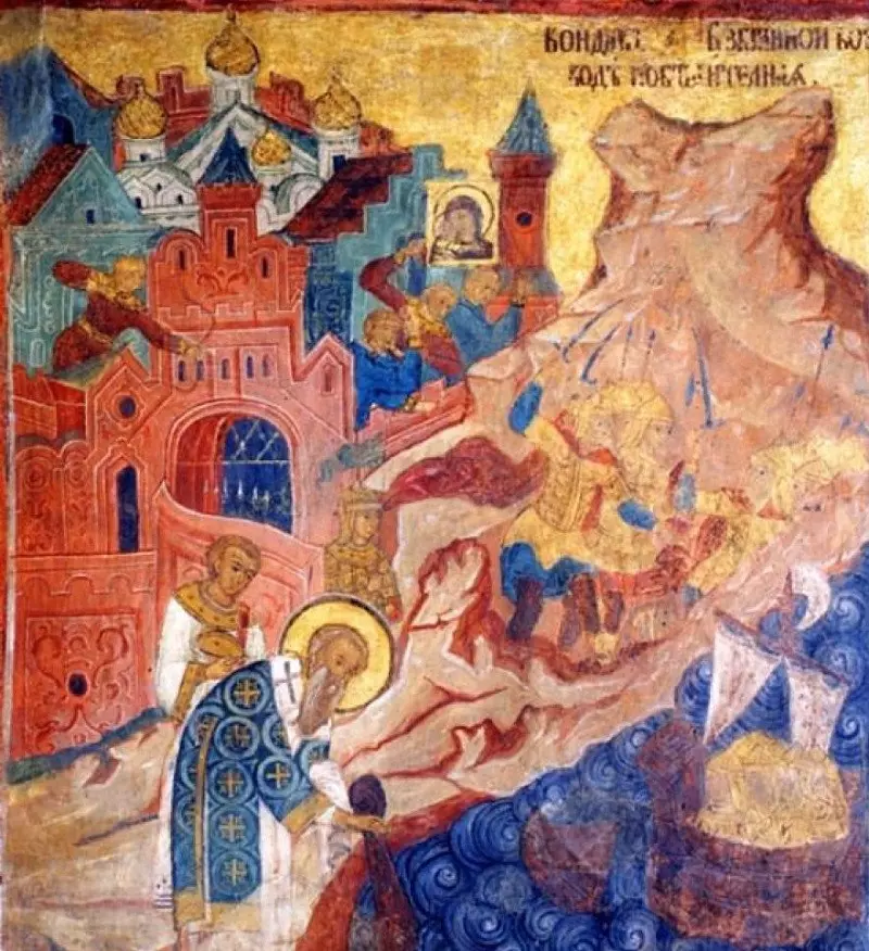 Чудесное спасение Константинополя с помощью ризы Божией Матери. Фреска из церкви Ризоположения в Московском Кремле, 1644 год.