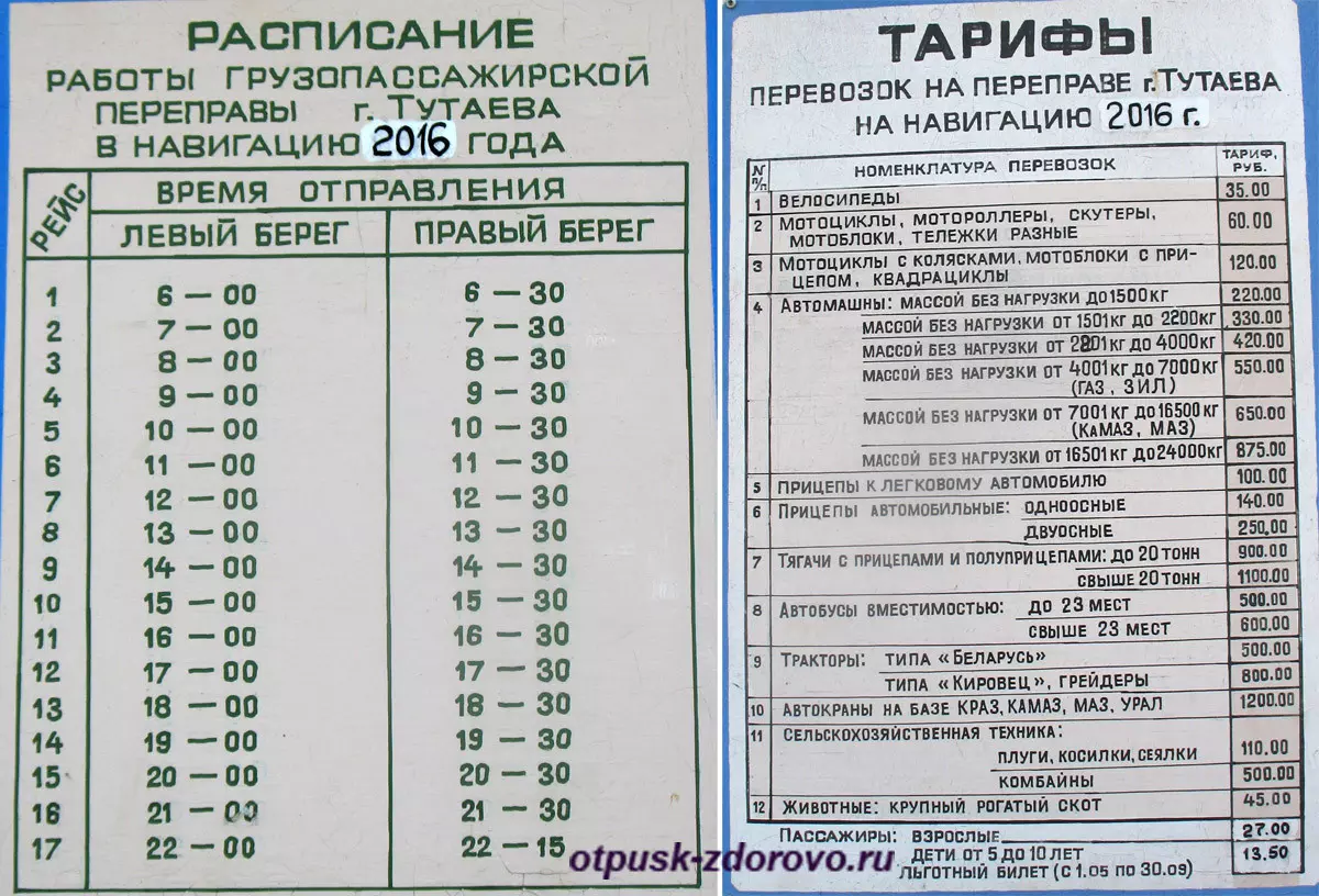 Расписание и стоимость проезда на пароме, Тутаев