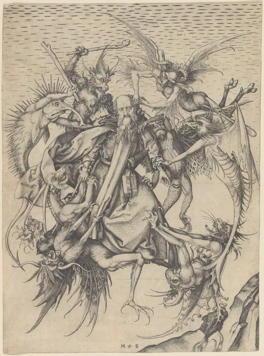 Святой Антоний Великий, избитый демонами, пытавшимися изгнать его из скита. Мартин Шонгауэр. 1480