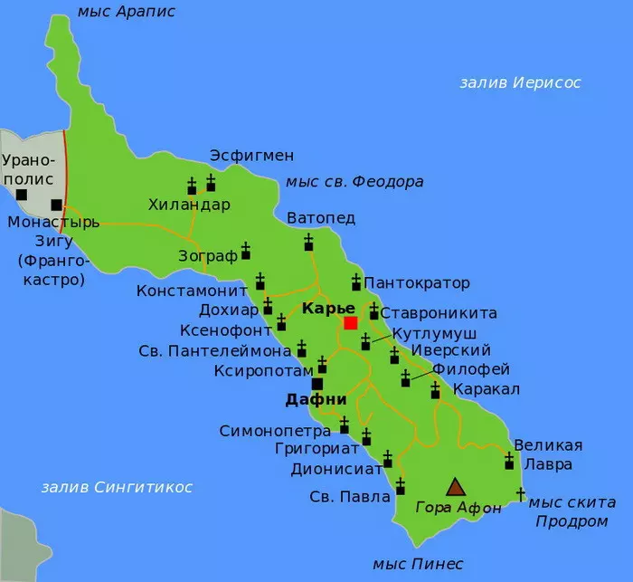 Карта горы Афон с монастырями